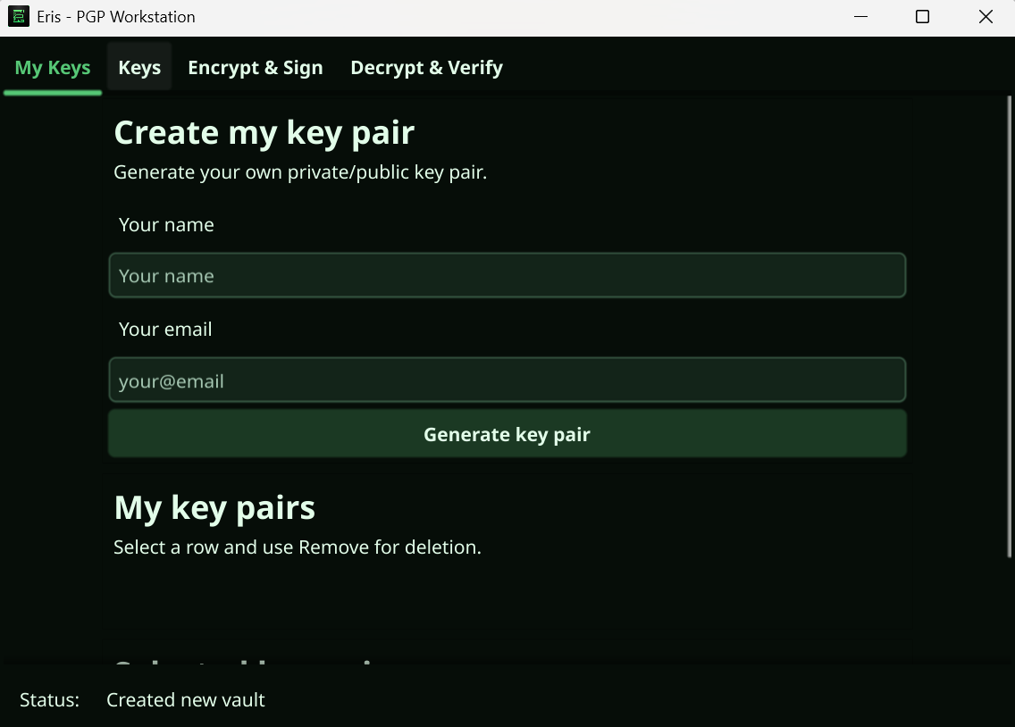 Eris interface screenshot showing startup and key management