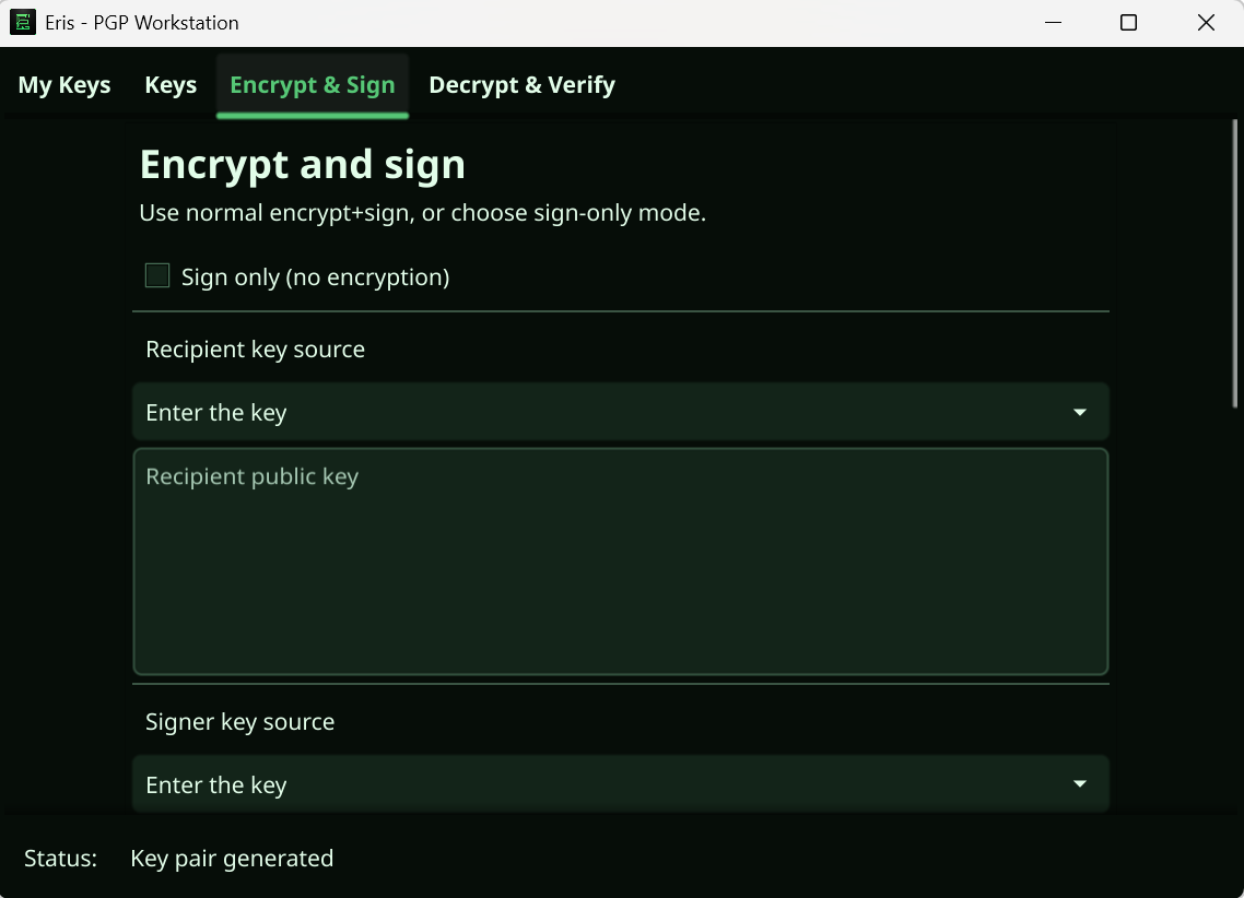Eris interface screenshot showing encryption and decryption workflow tabs